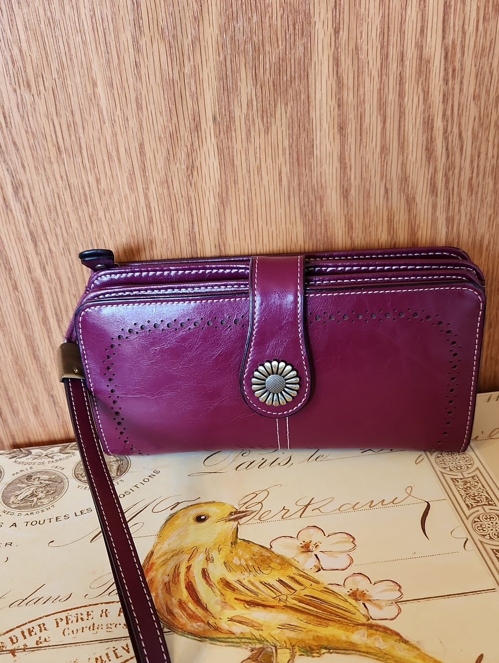 Women's Plum Zip-Around Wristlet Wallet with Floral Button Detail
